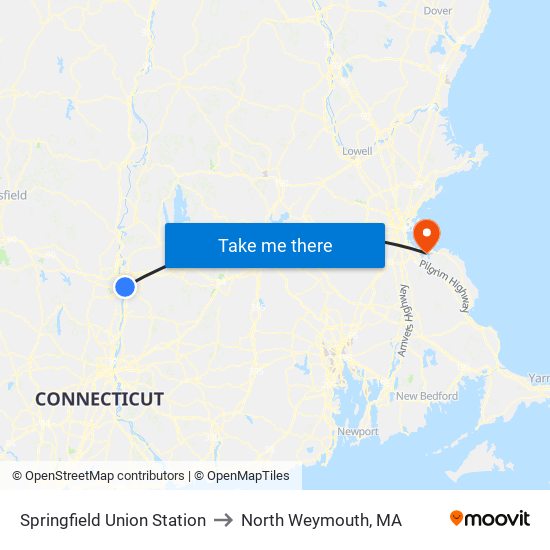 Springfield Union Station to North Weymouth, MA map