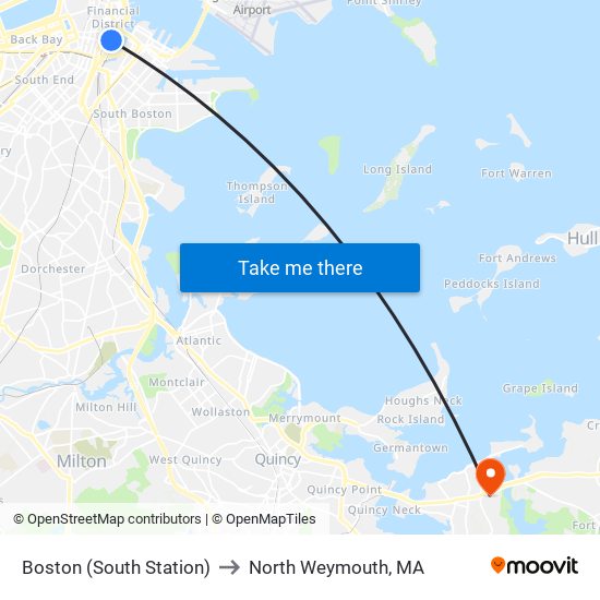 Boston (South Station) to North Weymouth, MA map