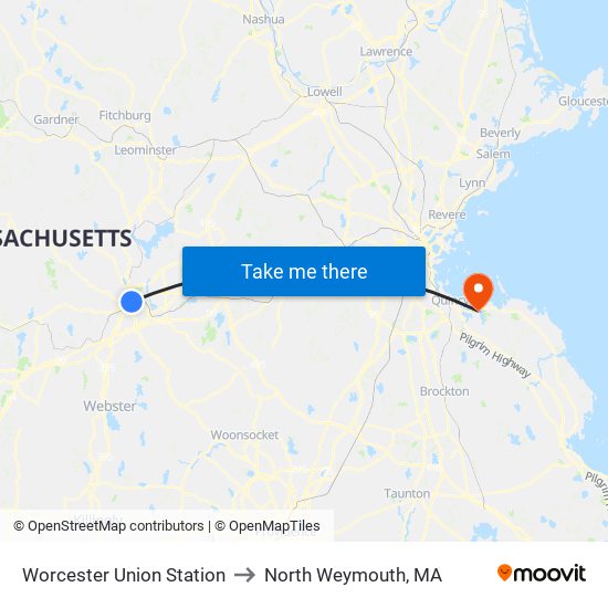 Worcester Union Station to North Weymouth, MA map