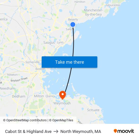 Cabot St & Highland Ave to North Weymouth, MA map
