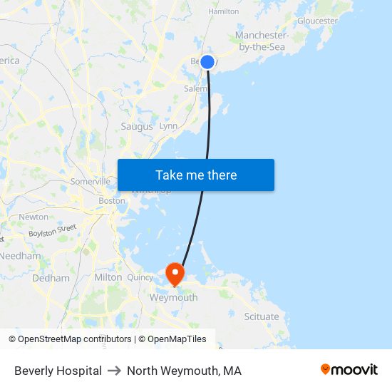 Beverly Hospital to North Weymouth, MA map