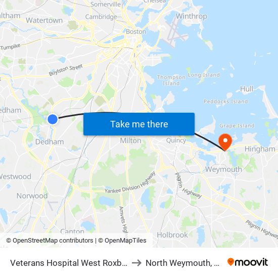 Veterans Hospital West Roxbury to North Weymouth, MA map