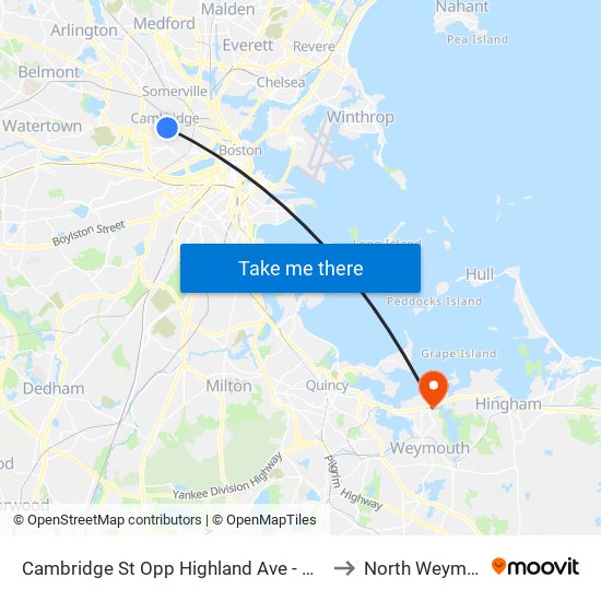 Cambridge St Opp Highland Ave - Cambridge Hospital to North Weymouth, MA map
