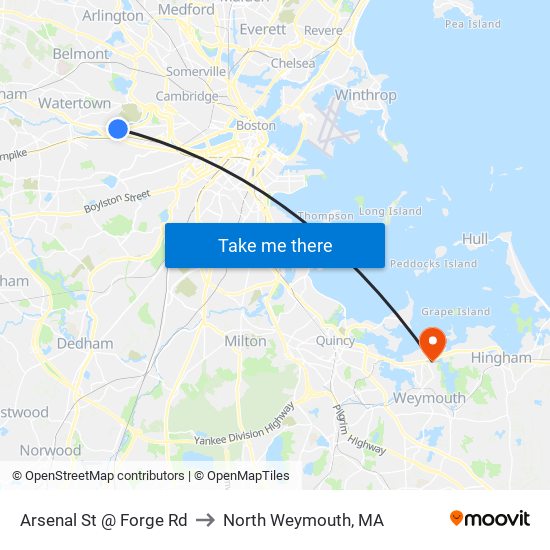 Arsenal St @ Forge Rd to North Weymouth, MA map