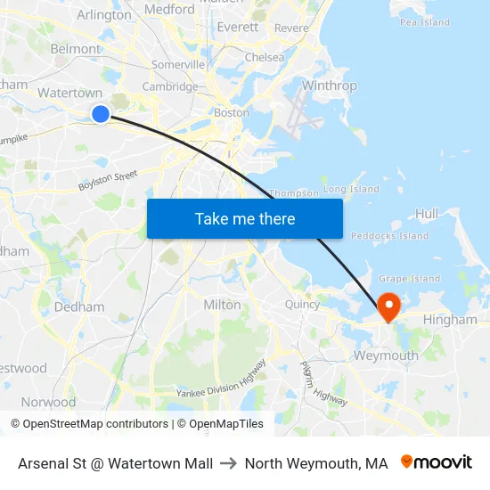 Arsenal St @ Watertown Mall to North Weymouth, MA map