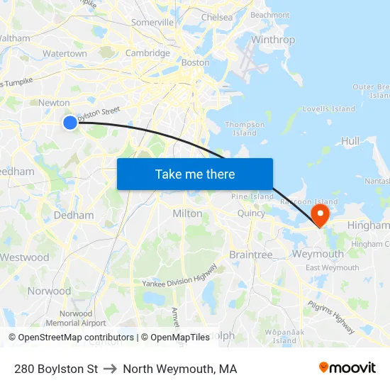 280 Boylston St to North Weymouth, MA map