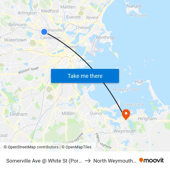 Somerville Ave @ White St (Porter Sq) to North Weymouth, MA map