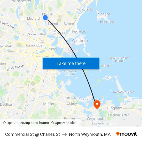 Commercial St @ Charles St to North Weymouth, MA map