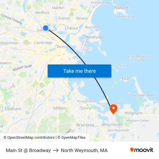 Main St @ Broadway to North Weymouth, MA map