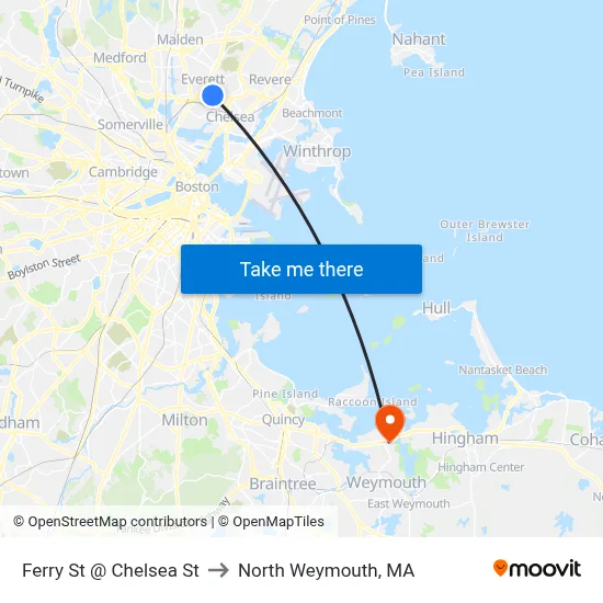 Ferry St @ Chelsea St to North Weymouth, MA map