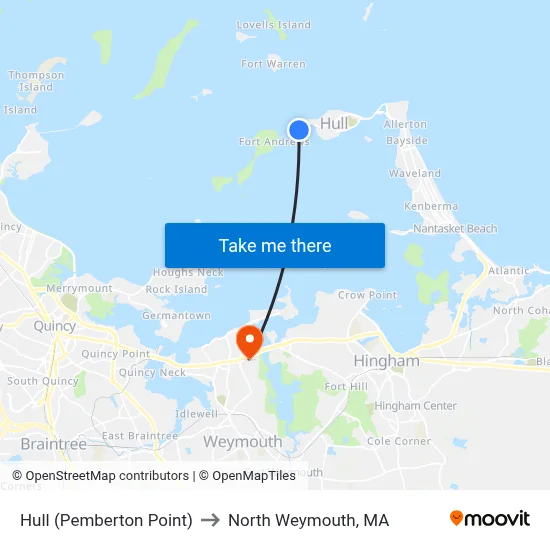 Hull (Pemberton Point) to North Weymouth, MA map