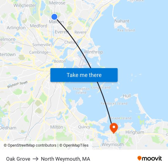 Oak Grove to North Weymouth, MA map