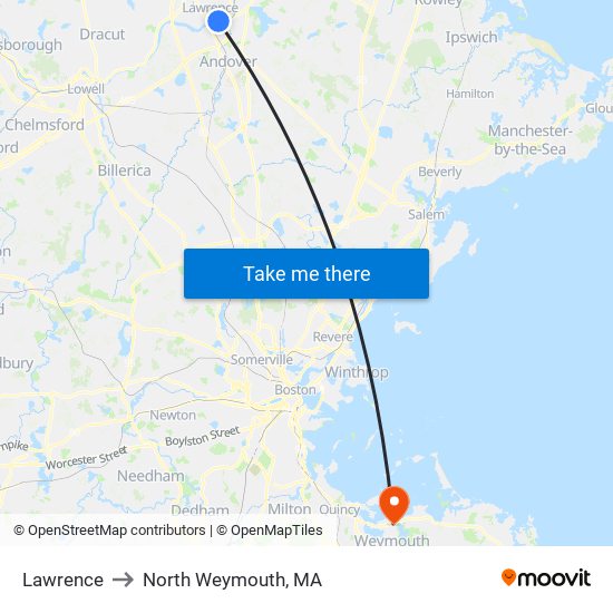 Lawrence to North Weymouth, MA map