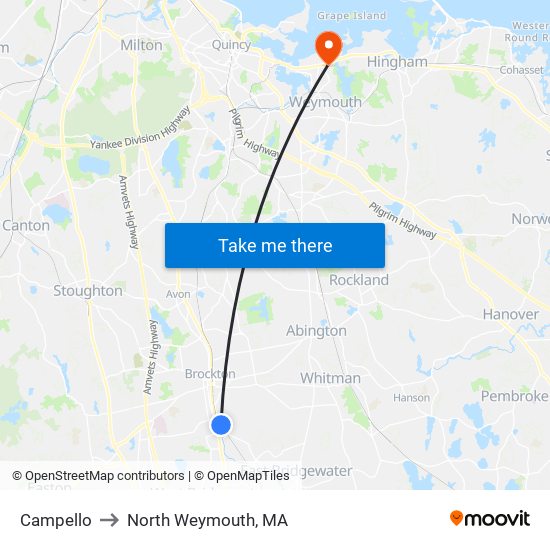 Campello to North Weymouth, MA map