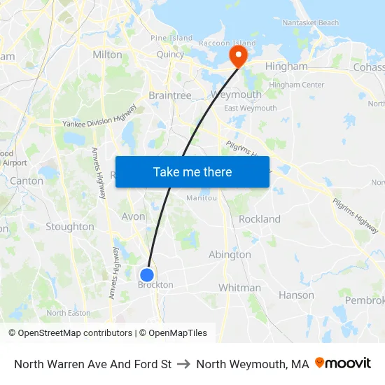North Warren Ave And Ford St to North Weymouth, MA map