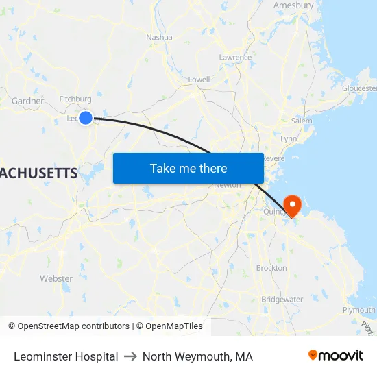 Leominster Hospital to North Weymouth, MA map