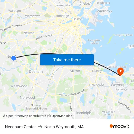 Needham Center to North Weymouth, MA map