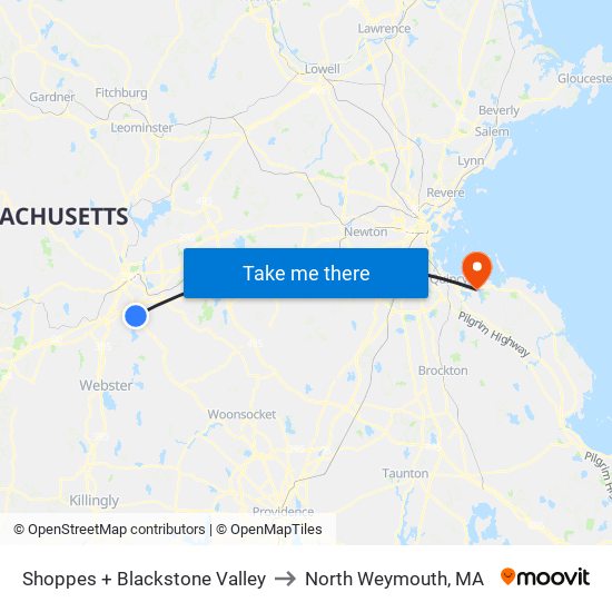 Shoppes + Blackstone Valley to North Weymouth, MA map