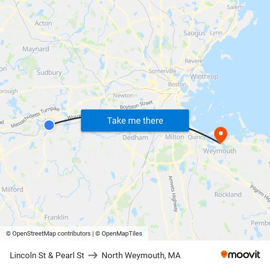 Lincoln St & Pearl St to North Weymouth, MA map