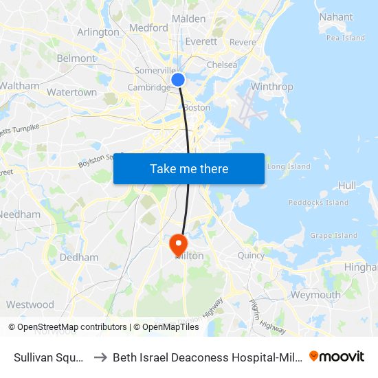 Sullivan Square to Beth Israel Deaconess Hospital-Milton map