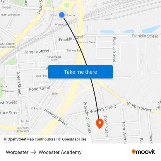 Worcester to Wocester Academy map