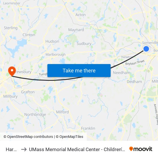 Harvard to UMass Memorial Medical Center - Children's Medical Center map