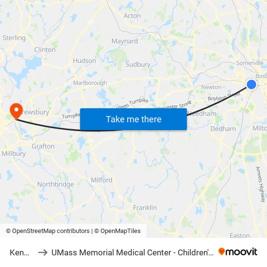 Kenmore to UMass Memorial Medical Center - Children's Medical Center map