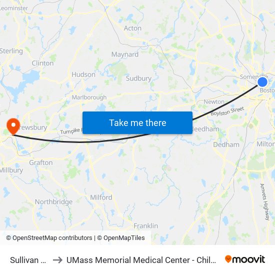 Sullivan Square to UMass Memorial Medical Center - Children's Medical Center map