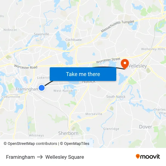 Framingham to Wellesley Square map