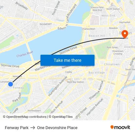 Fenway Park to One Devonshire Place map