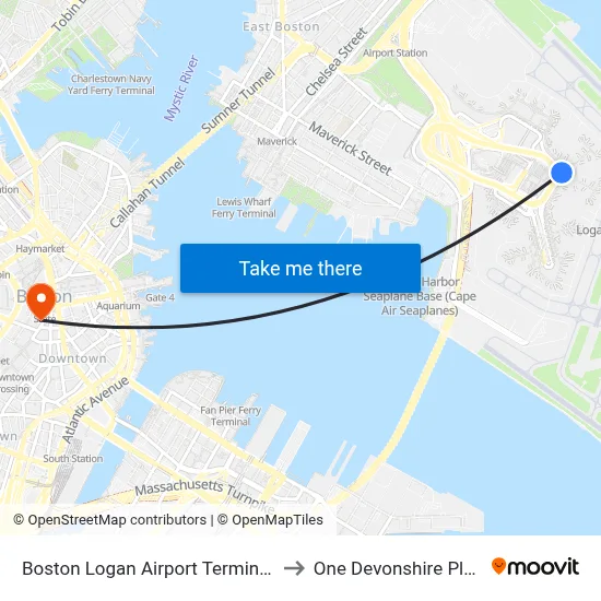 Boston Logan Airport Terminal C to One Devonshire Place map