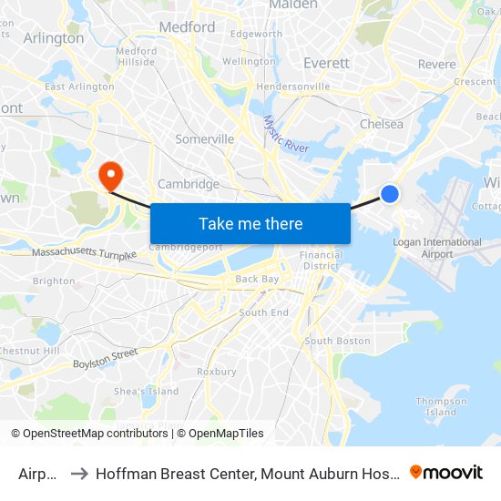 Airport to Hoffman Breast Center, Mount Auburn Hospital map