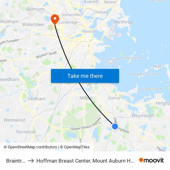 Braintree to Hoffman Breast Center, Mount Auburn Hospital map