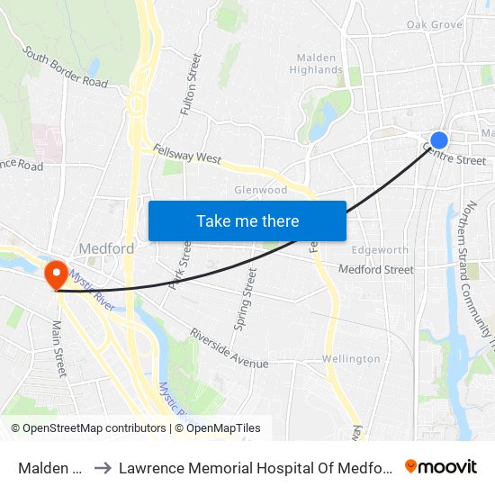 Malden Center to Lawrence Memorial Hospital Of Medford Medical Services map