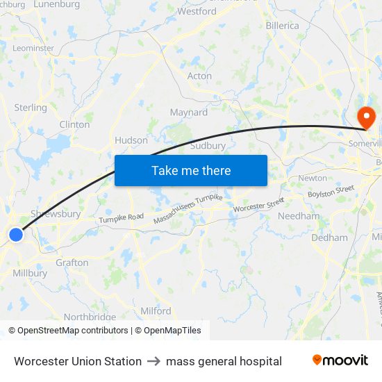 Worcester Union Station to mass general hospital map