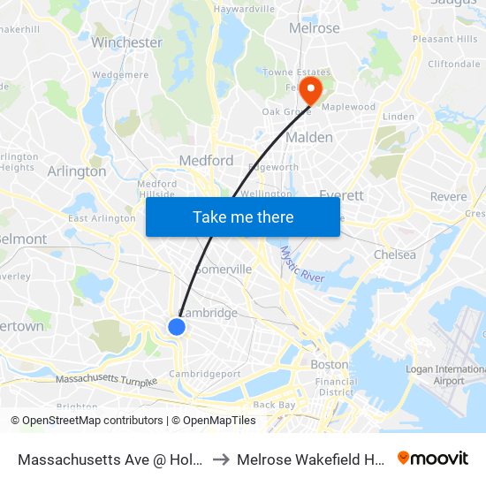 Massachusetts Ave @ Holyoke St to Melrose Wakefield Hospital map