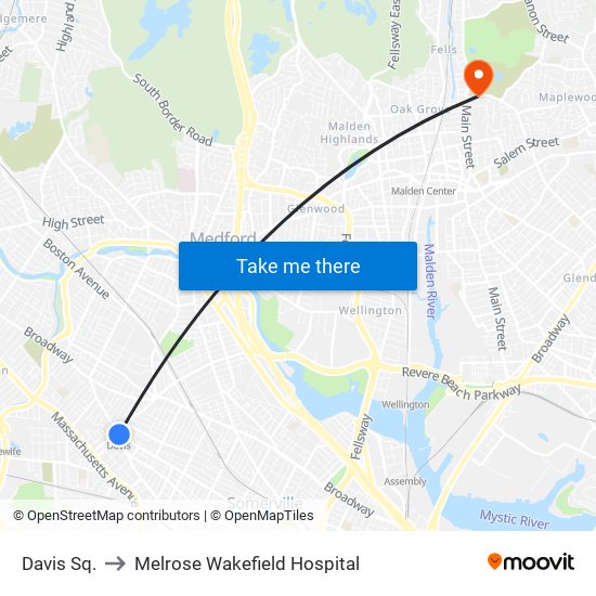 Davis Sq. to Melrose Wakefield Hospital map