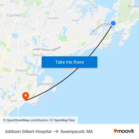 Addison Gilbert Hospital to Swampscott, MA map