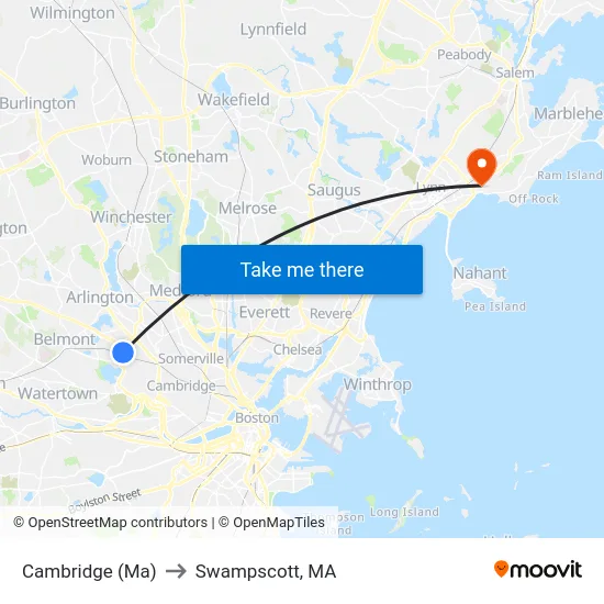 Cambridge (Ma) to Swampscott, MA map