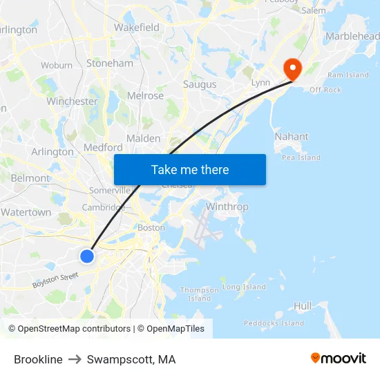 Brookline to Swampscott, MA map