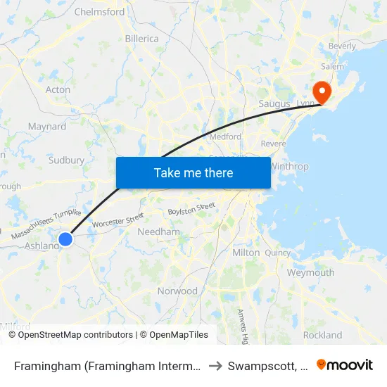 Framingham (Framingham Intermodal) to Swampscott, MA map