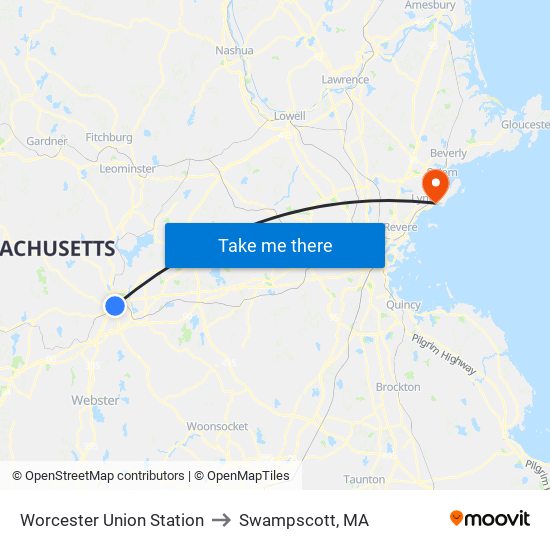 Worcester Union Station to Swampscott, MA map
