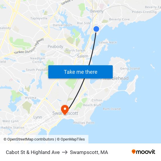 Cabot St & Highland Ave to Swampscott, MA map