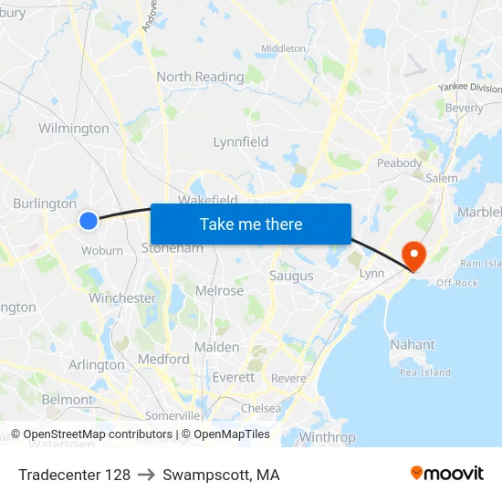 Tradecenter 128 to Swampscott, MA map