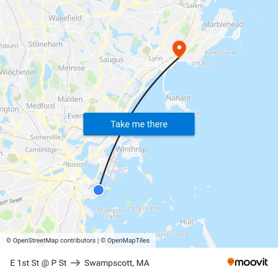 E 1st St @ P St to Swampscott, MA map