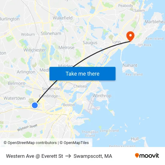 Western Ave @ Everett St to Swampscott, MA map