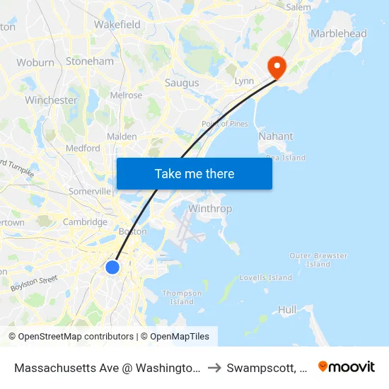 Massachusetts Ave @ Washington St to Swampscott, MA map