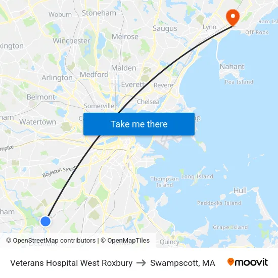 Veterans Hospital West Roxbury to Swampscott, MA map