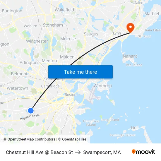 Chestnut Hill Ave @ Beacon St to Swampscott, MA map