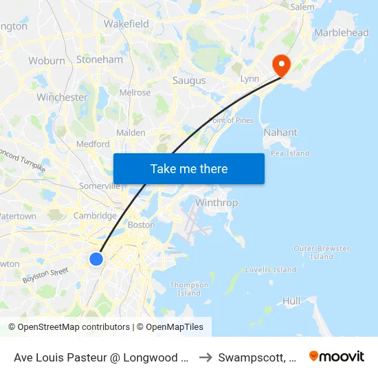 Ave Louis Pasteur @ Longwood Ave to Swampscott, MA map
